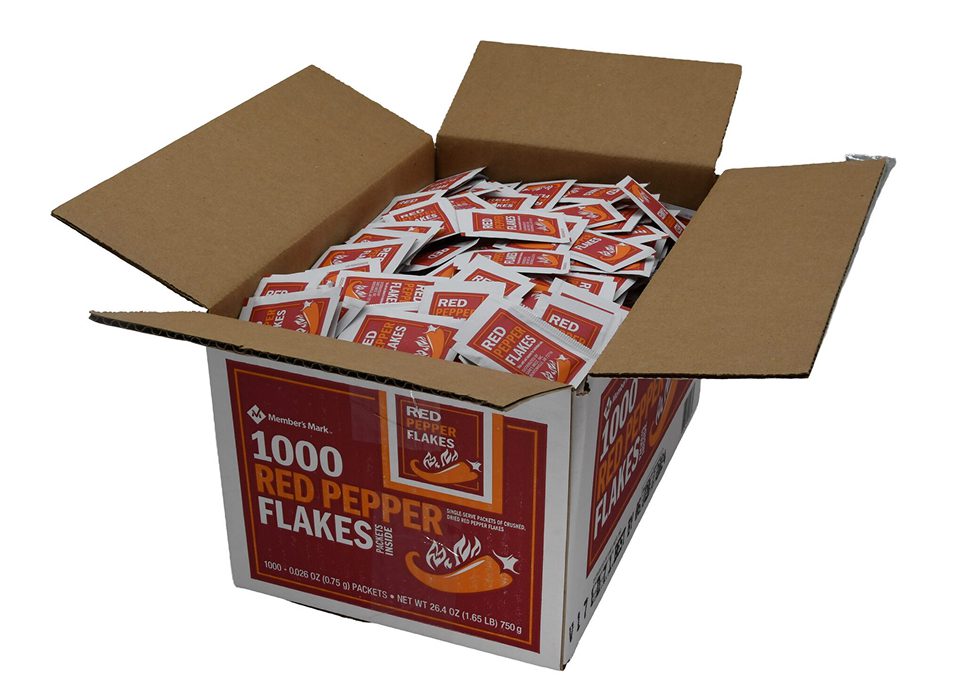 Box of red pepper flakes packets.