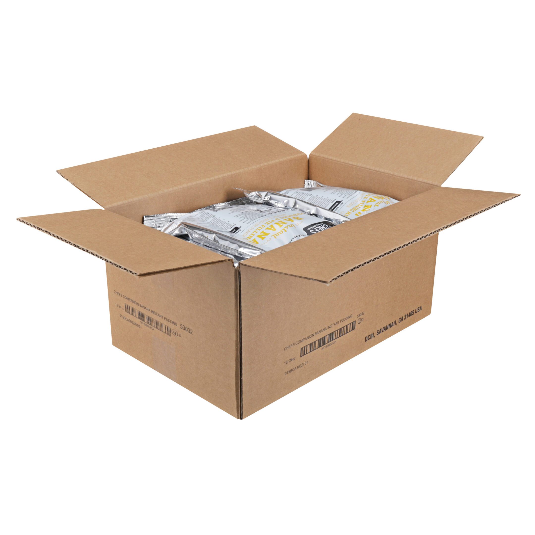 Open cardboard box filled with sealed foil packets