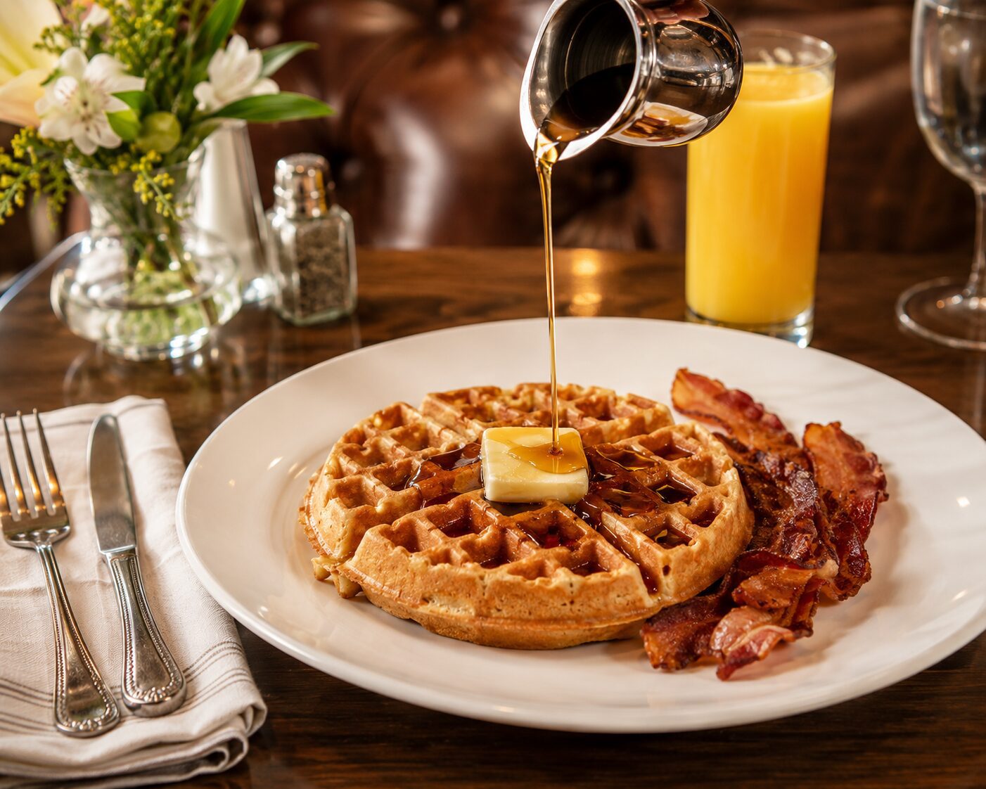 Syrup poured over waffle with butter and bacon